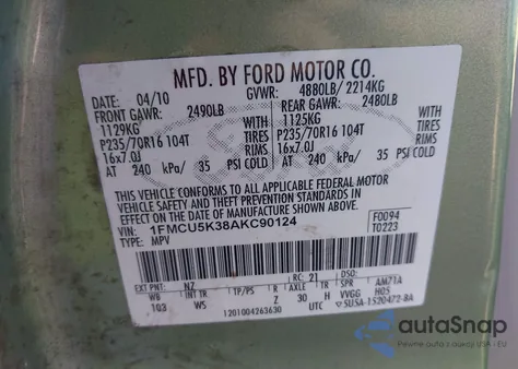 2010 Ford Escape Hybrid Limited из США, поврежденный, VIN 1FMCU5K38AKC90124